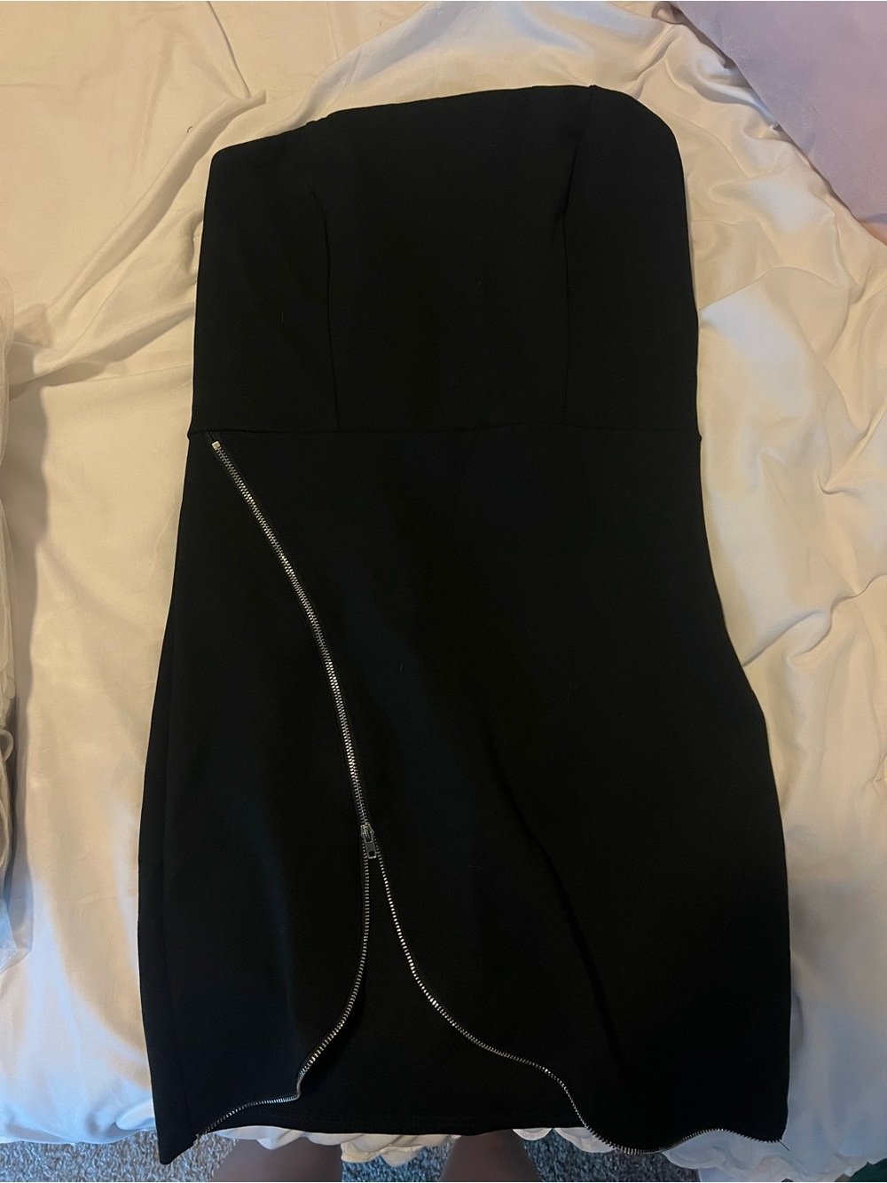 superdown Black Strapless Mini Dress with Curved Silver Zipper